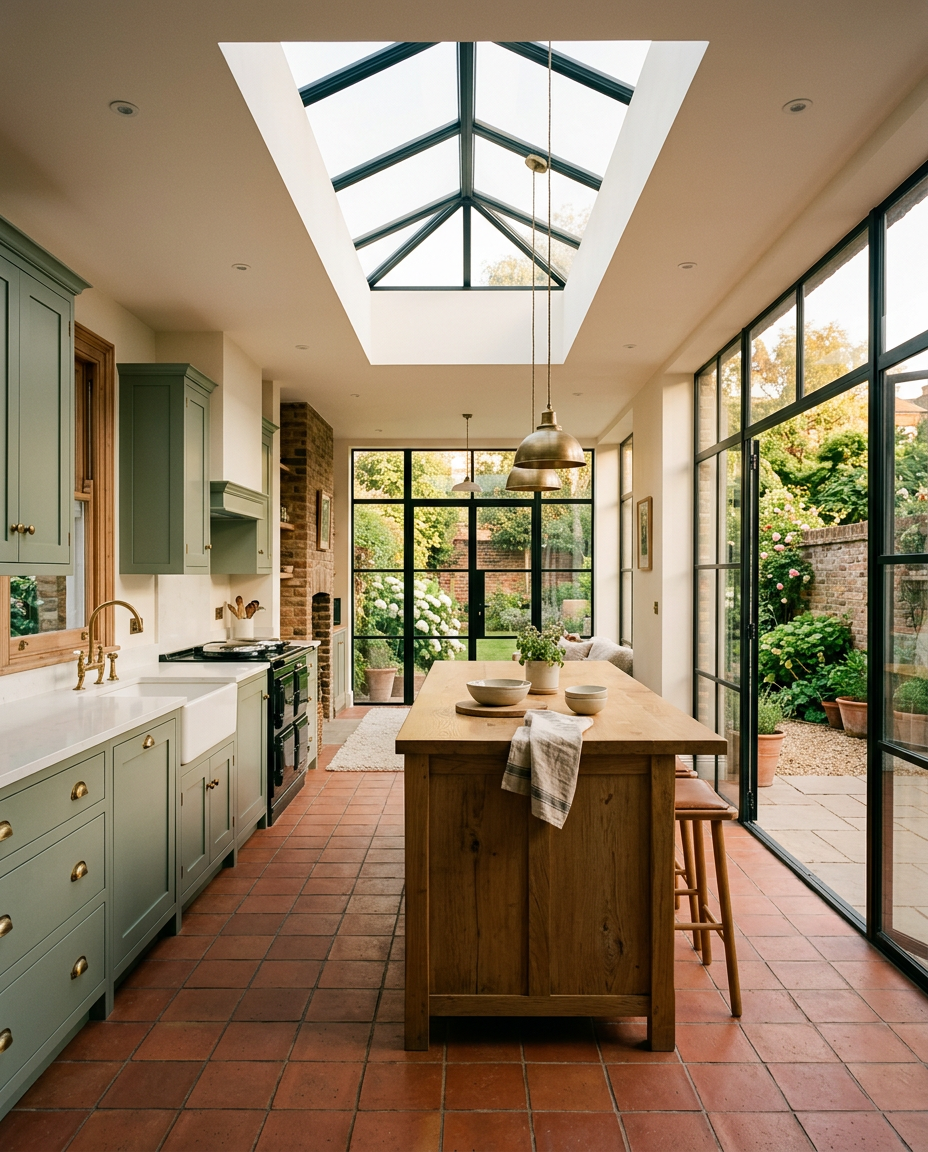 Open-plan kitchen extension with a roof lantern and steel-framed glass doors to the garden